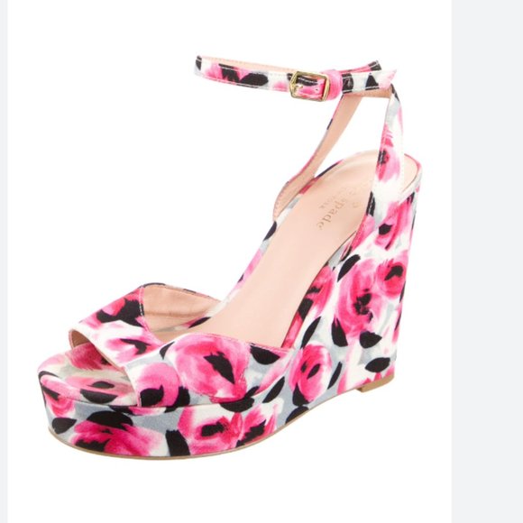 kate spade dellie garden rose print wedge sandal heels deep pink rose floral 6 - Picture 1 of 6